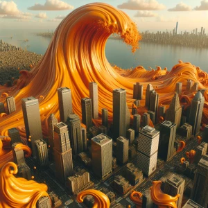 Illustrate a colossal tidal wave of orange pudding overwhelming a metropolitan cityscape, submerging skyscrapers and urban roads within its thick, flowing mass.