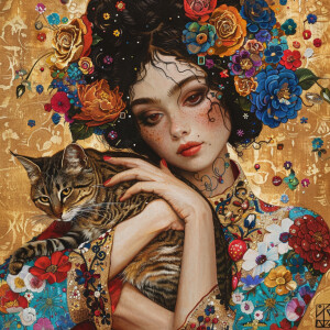 Create an image of a stunning woman adorned with flowers in her...