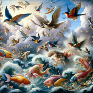 Then came the fifth day, a splash and a dive,  
God made the fis...