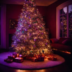 Create an image of a realistic Christmas tree situated beside a...