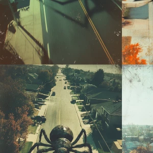 A high-angle surreal CCTV camera scene of a large spider creatur...