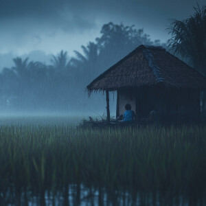 a small child in a hut in the middle of a rice field was taking...