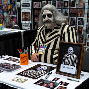 hyper realistic photo of older, gray hair, heavier Beetle Juice....