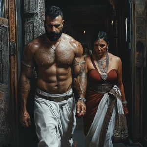 Hyperrealistic painting.A sweaty beefy man walking with his 54 y...