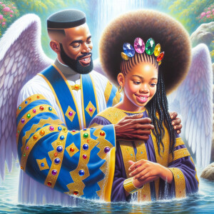 An oil painting depicting a large African-American angel with wi...