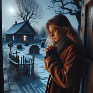 A girl with blonde hair opens the door of a house, looks at a gr...