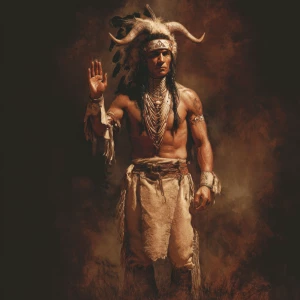 A Native American man wearing traditional regalia, including buc...