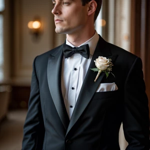 Photography, half body photo, a groom in a classic black tuxedo...