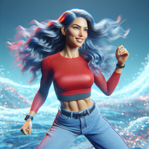 Design a 3D motion graphic depicting a fit woman with long, wavy...