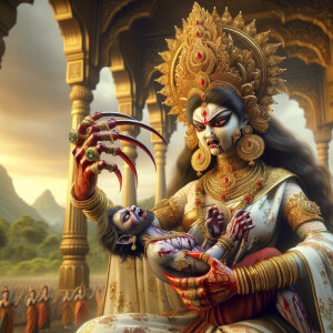 portrait of angry looking goddess durga  carrying a weak mahishasur in her arms and poking him with her amazingly long red fingernails. She is wearing a huge gold crown, white saree, abundant  gold jewelry, covered in blood. The scene is set in ancient India. The image is 8K resolution, cinematic, ultra detailed face and epic.