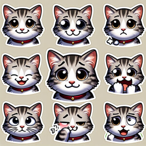 Create a sticker pack for me featuring a cute gray-and-white kit...