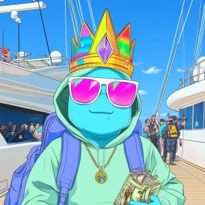 A cartoon character with a light blue face, wearing a rainbow-co...