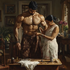 Realistic art 1:1,A muscular Indian man and his middle-aged hous...