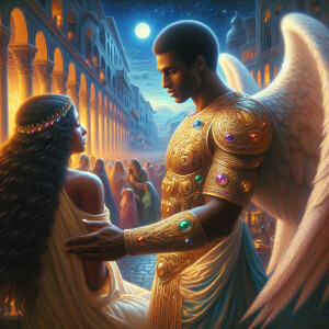 Create an oil painting image featuring a male angel and a grievi...