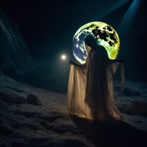 Capture a photograph of a spectral, mythological moon miner mate...