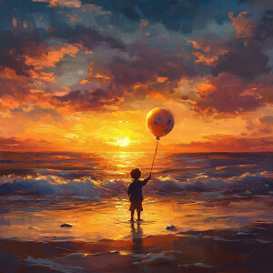 a boy holding a balloon on the beach looking towards sea States...