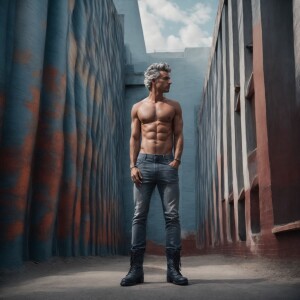 Architect’s dream flows,
Man muscles jeans boots gray hair hairy...