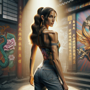 Athletic Thin skinny Attractive, Asian teenage girl, long brown hair and bangs, wearing tight skinny jeans and a halter top paint marks on her clothing, heroic pose Asian graffiti background, backside view