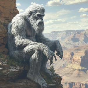 A humanoid looking grey haircovered sasquatch with a matted bear...