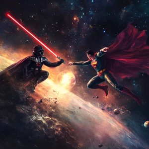 Create an image depicting a showdown between Darth Vader wieldin...