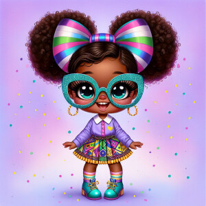 A chibi-style image of an African American 3-year-old girl, stan...