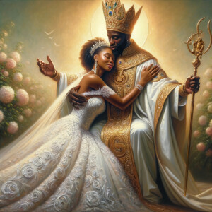 Imagine a hyper-realistic oil painting that captures a tender moment between theAfrican American bride and her God. The setting is intimate and filled with soft, warm lighting that enhances the emotional depth of the scene. The bride, in herexquisite wedding gown, shares a heartfelt embrace with her african-American Lord Jesus , who is dressedin an elegant outfit that complements the wedding's color scheme. Their expressions are full of love, pride, and joy, reflecting the special bond between them. Theattention to detail is paramount, from the intricate designs of their dresses to the subtle emotions conveyed in their facial expressions. The background is a blur ofgentle pastel hues, ensuring that the focus remains on this touching moment. Thispainting should convey the warmth, love, and depth of the relationship, with the rich textures and vibrant strokes characteristic of oil paintings, capturing the essence of this significant pre-wedding moment.