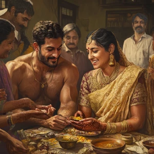 Realism art,A muscular, sweaty man joyously celebrates Diwali wi...