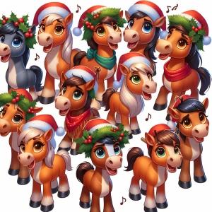 A chorus of animated the horses singing Christmas carols, each d...