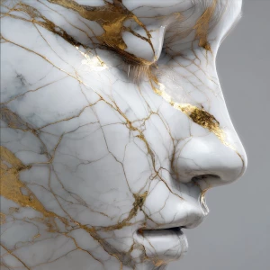 A feminine statue carved from ultra-polished white marble, but w...