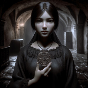 The girl stands in a dark gloomy old basement and holds a medall...