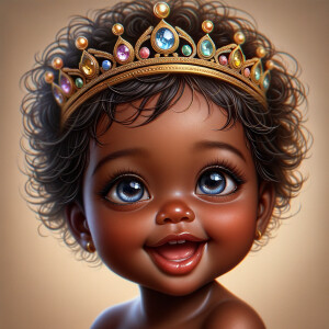 "Create a digital portrait of an adorable african-American baby girl with a joyful expression. She is wearing a gold crown with colorful jewels. Her big, bright blue eyes are wide with wonder, and her tiny mouth is shaped in a happy grin. Her skin has a warm, honey-brown tone, and she has an abundance of thick curly black hair, The background is soft and neutral to keep the focus on her delightful features. The portrait should be vibrant and heartwarming, celebrating the innocence and charm of childhood."