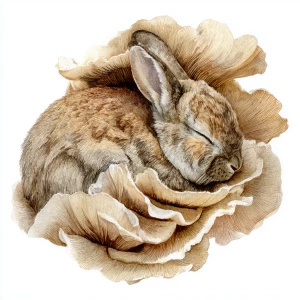 Sleeping rabbit curled up under protective mushroom, dreamy wate...