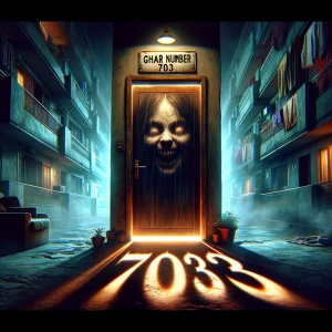 A haunted Indian apartment door labeled "703" with a ghostly bur...