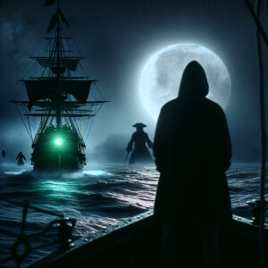 The ship sails at night. There is one person standing on it. A p...