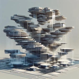 Imagine a floating fountain waterfall made of thin slabs of slat...