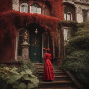 A witch dressed in a black and red robe stands in front of an ol...