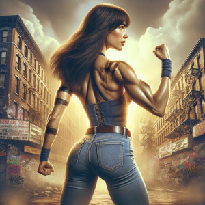 Athletic Thin skinny Attractive, Asian teenage girl, long brown hair and bangs, wearing tight skinny jeans and a halter top paint marks on her clothing, heroic pose Asian graffiti background, backside view