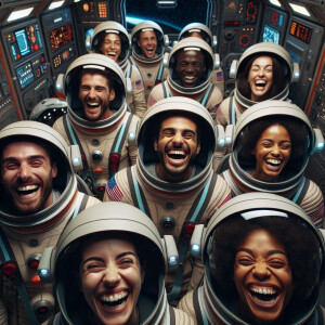 Astronautas riendo a carcajadas