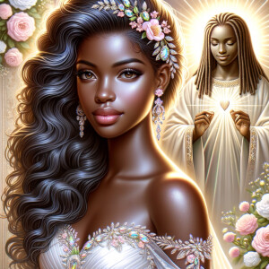 Create a 3-D realistic oil, painting of a beautiful African-American bride. She has long flooring, wavy hair and her gown has beautiful jewels around the neckline. in the background there is a beautiful African-American Jesus Christ with long dreadlocks, and he is smiling. He is very handsome pastel flowers throughout the image.