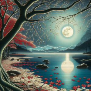 Prompt: A full moon is seen through the branches of a tree over...