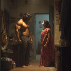 Hyperrealism  ,a indian  muscular beefy  sweaty man exercising i...