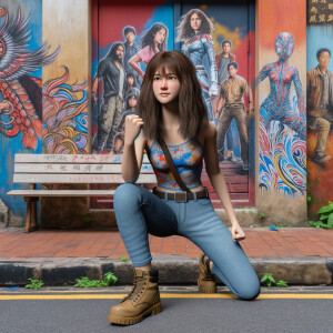 teenage girl, long brown hair and bangs, wearing tight skinny je...