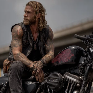 The image shows a muscular bodybuilder man with a tattooed arm s...