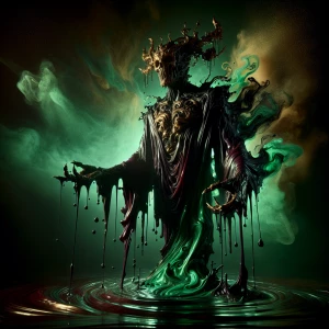 A towering, androgynous demon sculpted from shimmering, obsidian...