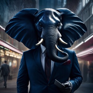 Create an image of an anthropomorphic elephant with a sleek, for...