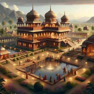 an ultra-HD, bird's-eye view image of a grand palace belonging t...