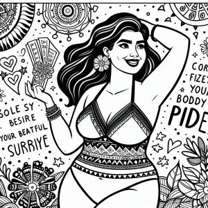 Create a coloring page illustration featuring a confident plus-s...