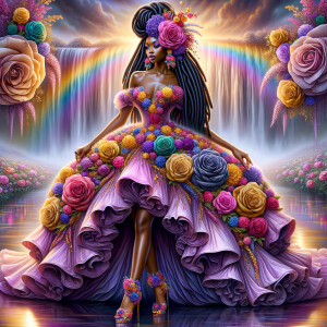 Remix Prompt
S/O Jackie Torres
S/O Panda Locke

create a animated style hyper realistic airbrush whimsical oil painting of a light African American woman wearing a flawless beautiful purple, pink, and gold blossom dress long flowing with colorful flowers and ruffles on the dress colorful jewelry made of flowers she has long black dreadlocks in a bun a colorful rose in her hair her peep toe shoes is matching her dress behind her is a beautiful waterfall liquid glowing lights beautiful colorful rainbow surrounded by beautiful roses.