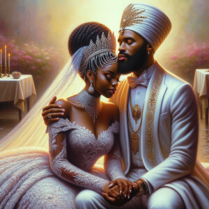 Imagine a hyper-realistic oil painting that captures a tender moment between theAfrican American bride and her God. The setting is intimate and filled with soft, warm lighting that enhances the emotional depth of the scene. The bride, in herexquisite wedding gown, shares a heartfelt embrace with her african-American Lord Jesus , who is dressedin an elegant outfit that complements the wedding's color scheme. Their expressions are full of love, pride, and joy, reflecting the special bond between them. Theattention to detail is paramount, from the intricate designs of their dresses to the subtle emotions conveyed in their facial expressions. The background is a blur ofgentle pastel hues, ensuring that the focus remains on this touching moment. Thispainting should convey the warmth, love, and depth of the relationship, with the rich textures and vibrant strokes characteristic of oil paintings, capturing the essence of this significant pre-wedding moment.