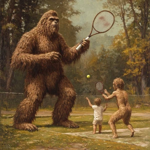 Show a family if humanoid looking sasquatch playing tennis